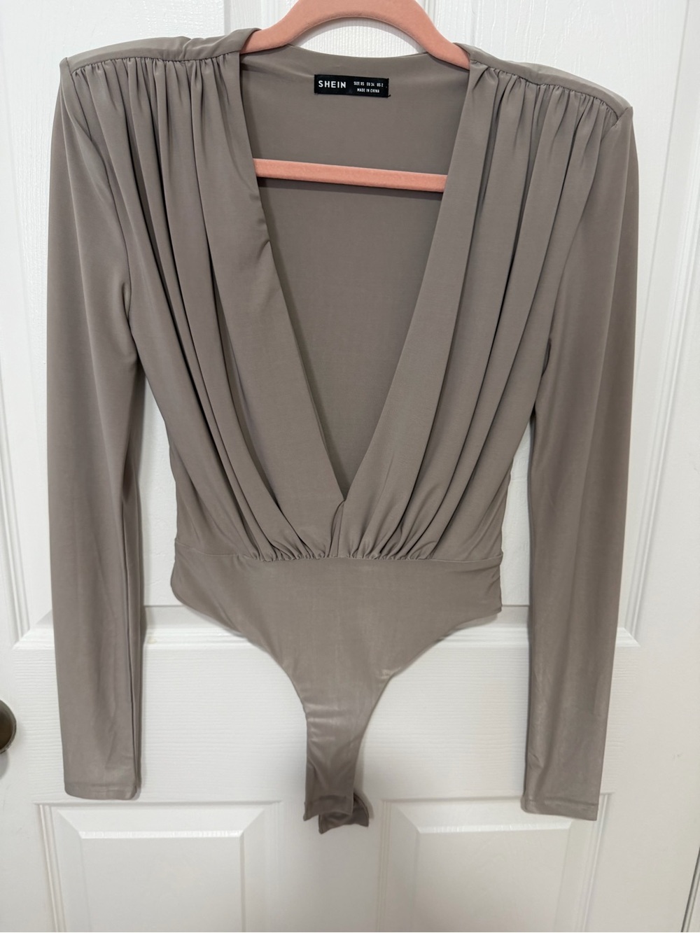SHEIN Taupe Plunge Draped Long Sleeve Bodysuit